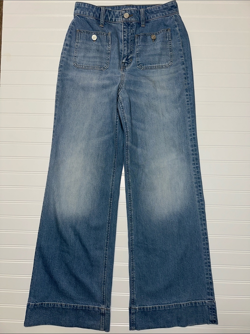 J.Crew 96 Denim Trouser Jeans Size 27 High Rise Wide Leg Light Wash Patch Pocket